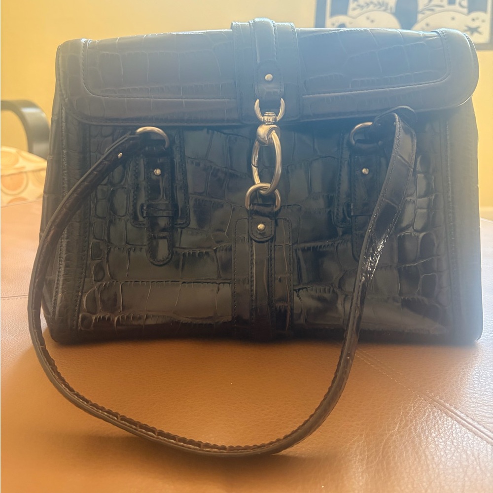 Ann Taylor Classic Croc-Embossed Genuine Leather Top-Handle Bag in Dark Brown